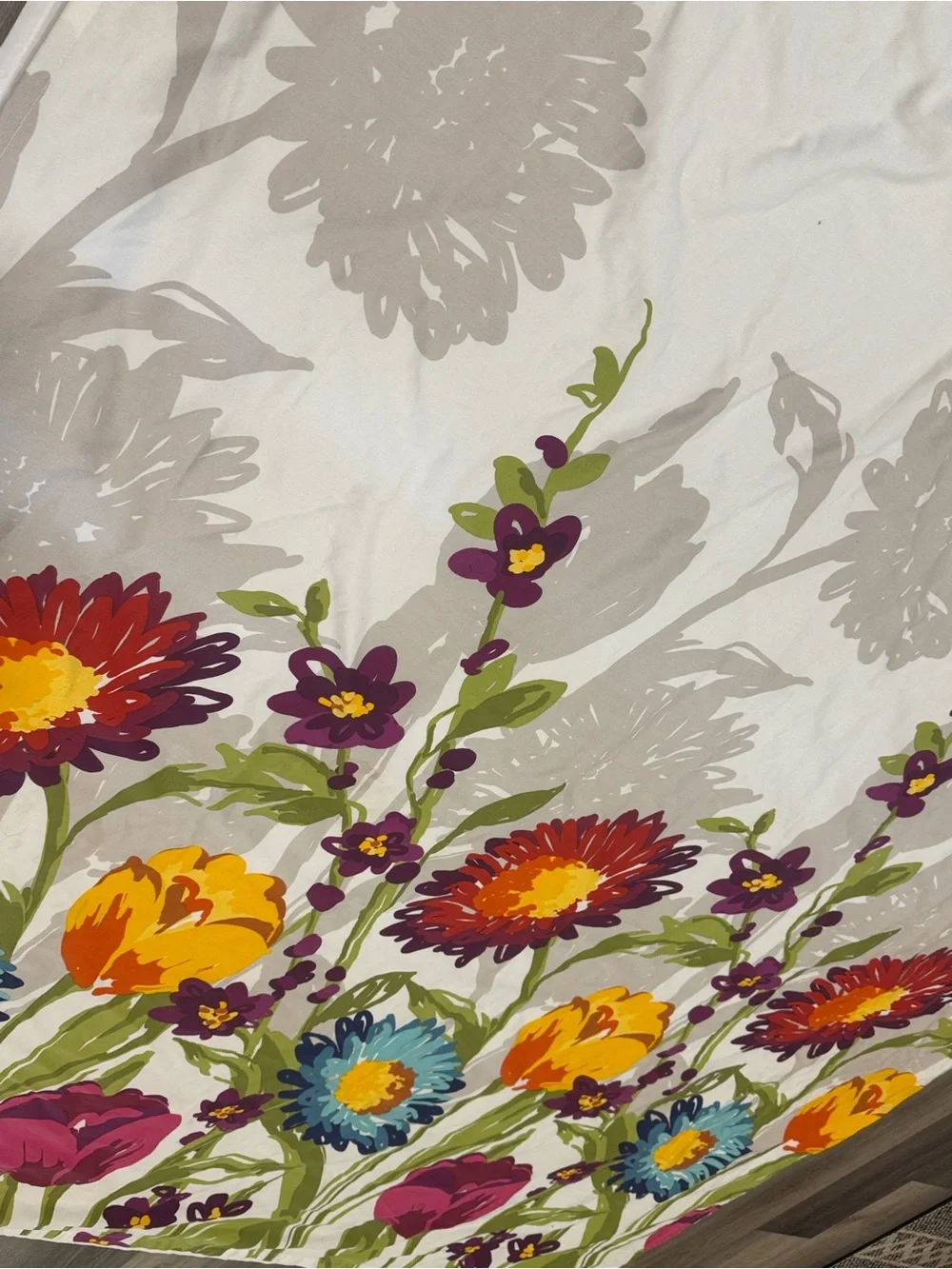 Bright Floral Print Cotton Blend Shower Curtain w/ Cloth Liner & Hooks